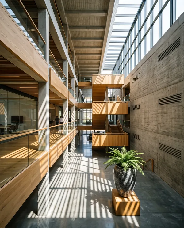 Concrete and oak atrium in hard sunlight