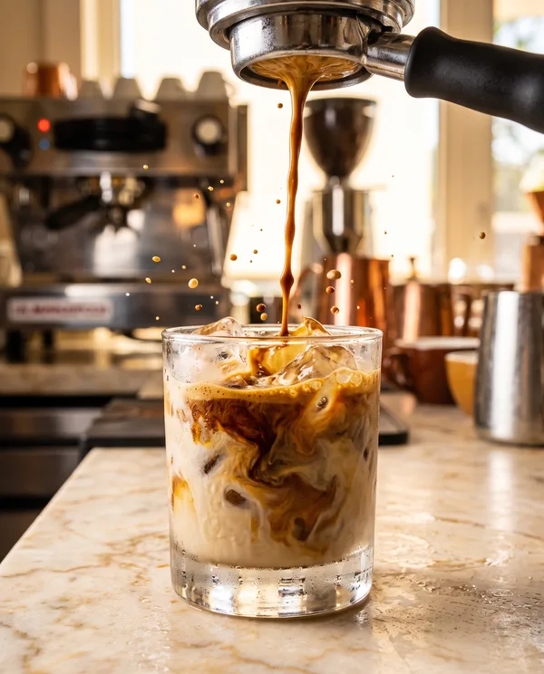 Espresso pouring over ice